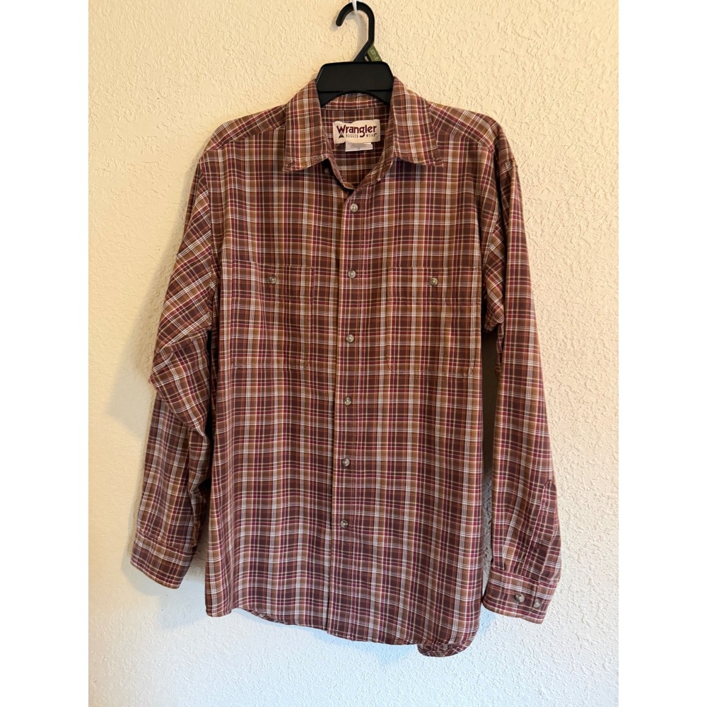 Wrangler Rugged Wear Mens Large Plaid Button Down Shirt Brown Burgundy WGGH54413